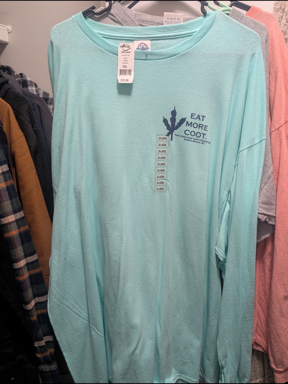 Light Aqua Long Sleeve Tee with Navy Logo - "Eat More Coot"